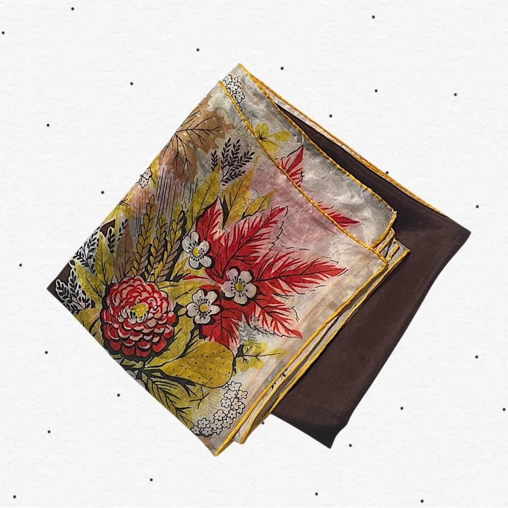 Luxury Floral Silk Scarf in Brown, Yellow & Red - Unbranded